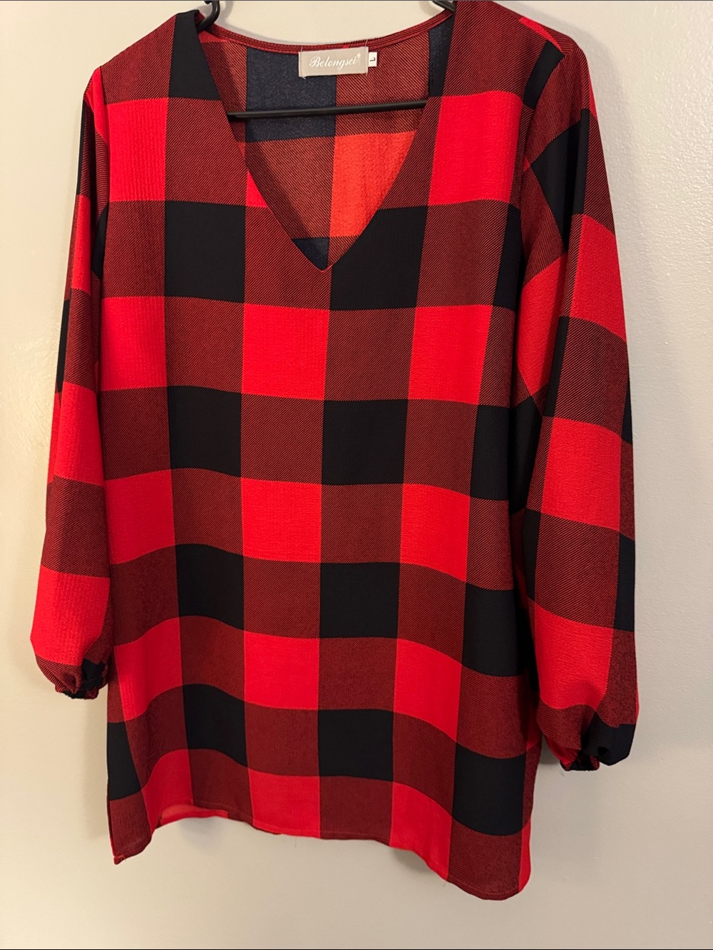 Belongsei Red & Black Plaid V-Neck Blouse